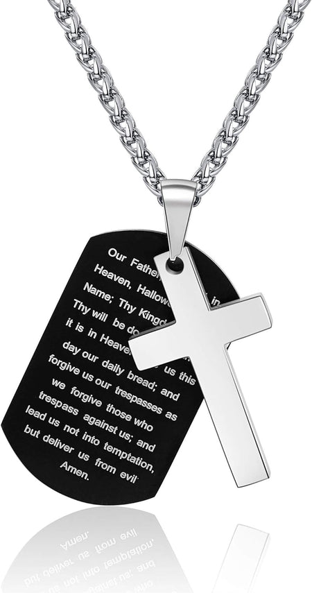 Stainless Steel Dog Tag Cross Necklace for Men Boys Lord’S Prayer/Bible Verse Pendant with Wheat Chain 24 Inches