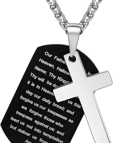 Stainless Steel Dog Tag Cross Necklace for Men Boys Lord’S Prayer/Bible Verse Pendant with Wheat Chain 24 Inches