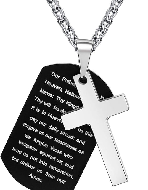 Load image into Gallery viewer, Stainless Steel Dog Tag Cross Necklace for Men Boys Lord’S Prayer/Bible Verse Pendant with Wheat Chain 24 Inches
