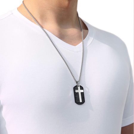 Stainless Steel Dog Tag Cross Necklace for Men Boys Lord’S Prayer/Bible Verse Pendant with Wheat Chain 24 Inches