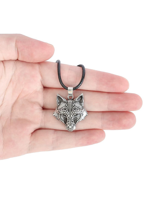 Load image into Gallery viewer, Wolf Necklace for Men and Women, Viking Wolf Head Pendant, Faux Leather Cord, Wolf Jewelry Gift
