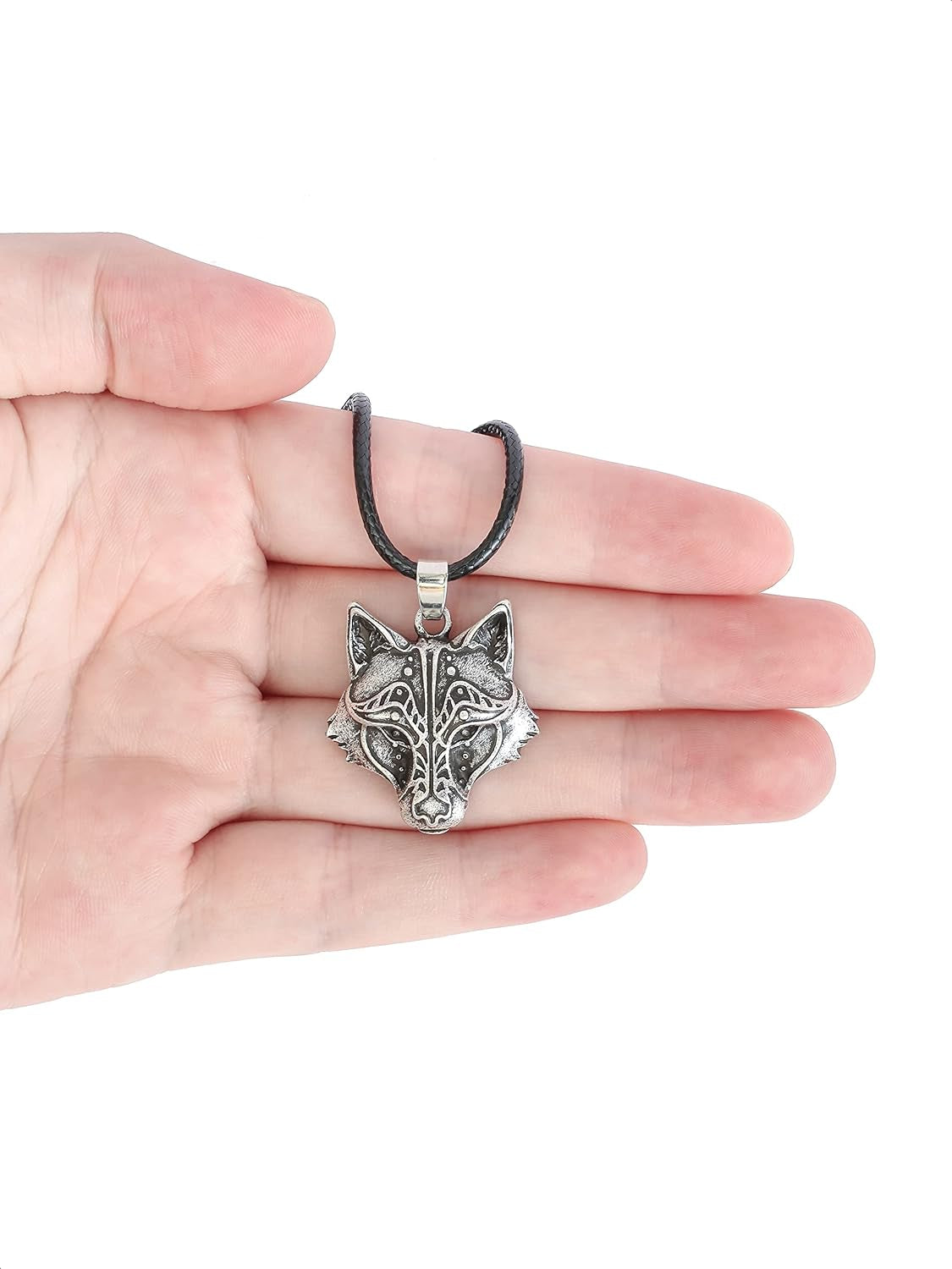Wolf Necklace for Men and Women, Viking Wolf Head Pendant, Faux Leather Cord, Wolf Jewelry Gift