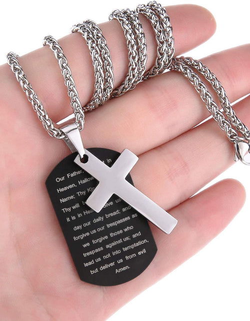 Load image into Gallery viewer, Stainless Steel Dog Tag Cross Necklace for Men Boys Lord’S Prayer/Bible Verse Pendant with Wheat Chain 24 Inches
