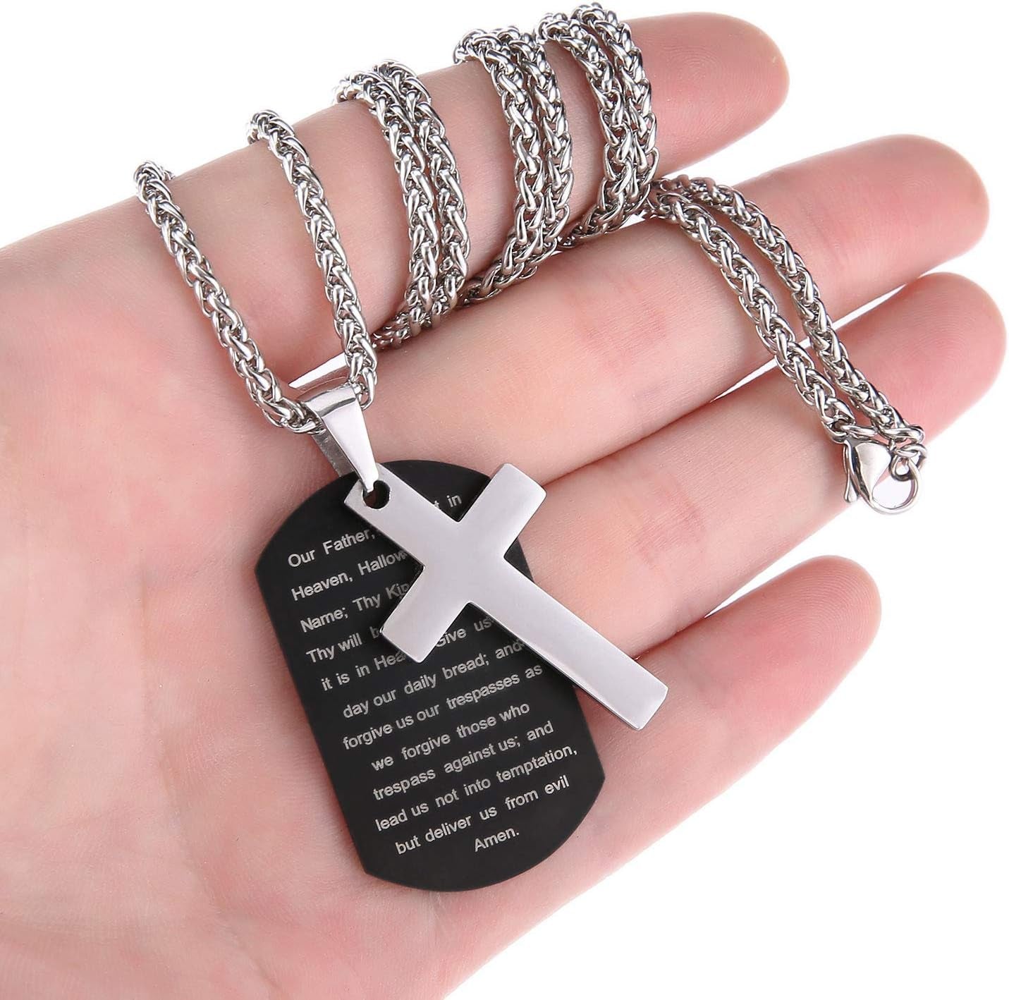 Stainless Steel Dog Tag Cross Necklace for Men Boys Lord’S Prayer/Bible Verse Pendant with Wheat Chain 24 Inches
