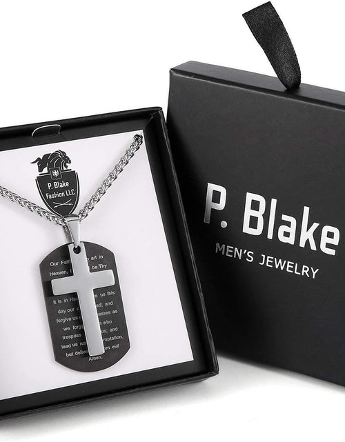 Load image into Gallery viewer, Stainless Steel Dog Tag Cross Necklace for Men Boys Lord’S Prayer/Bible Verse Pendant with Wheat Chain 24 Inches
