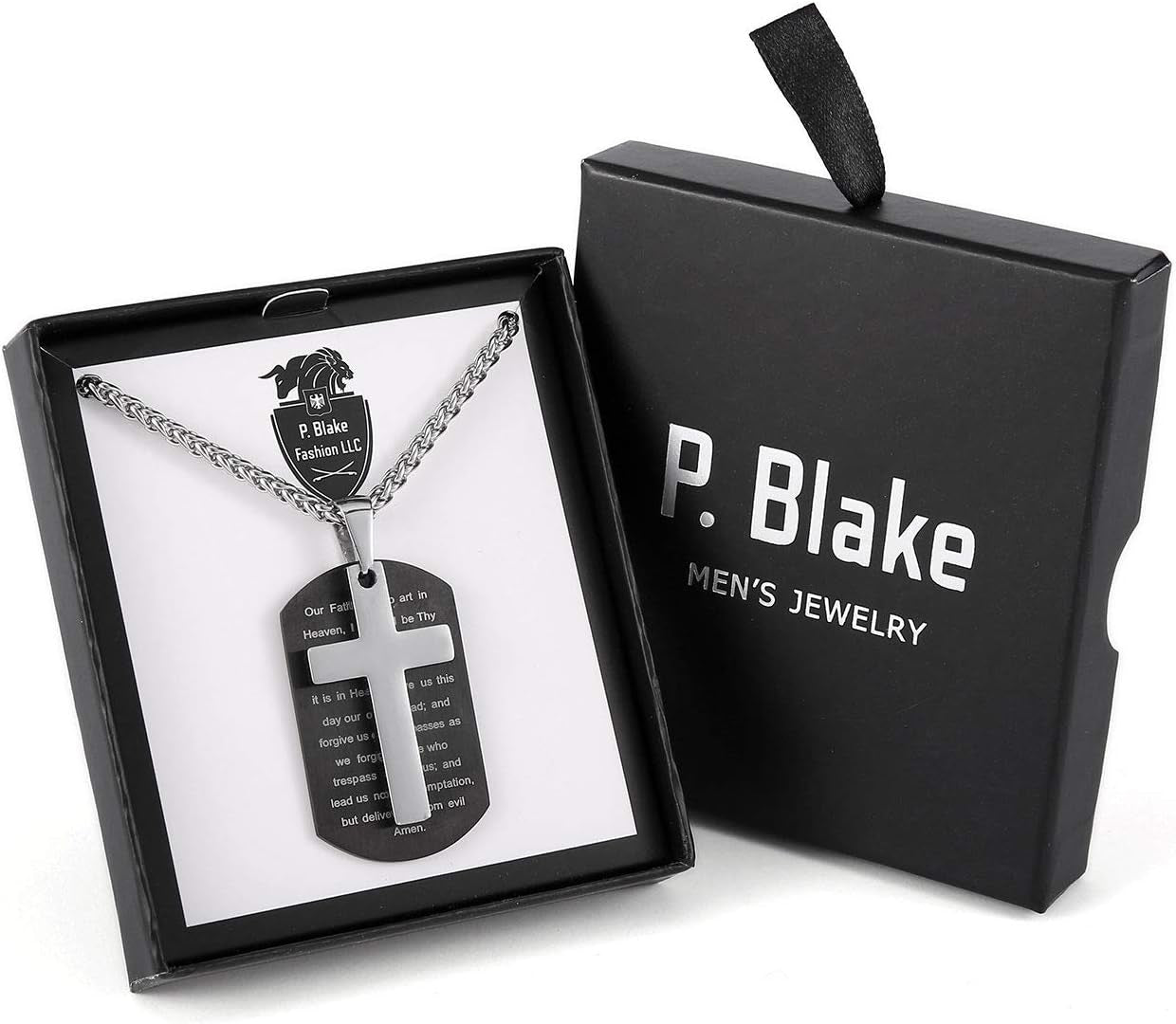 Stainless Steel Dog Tag Cross Necklace for Men Boys Lord’S Prayer/Bible Verse Pendant with Wheat Chain 24 Inches