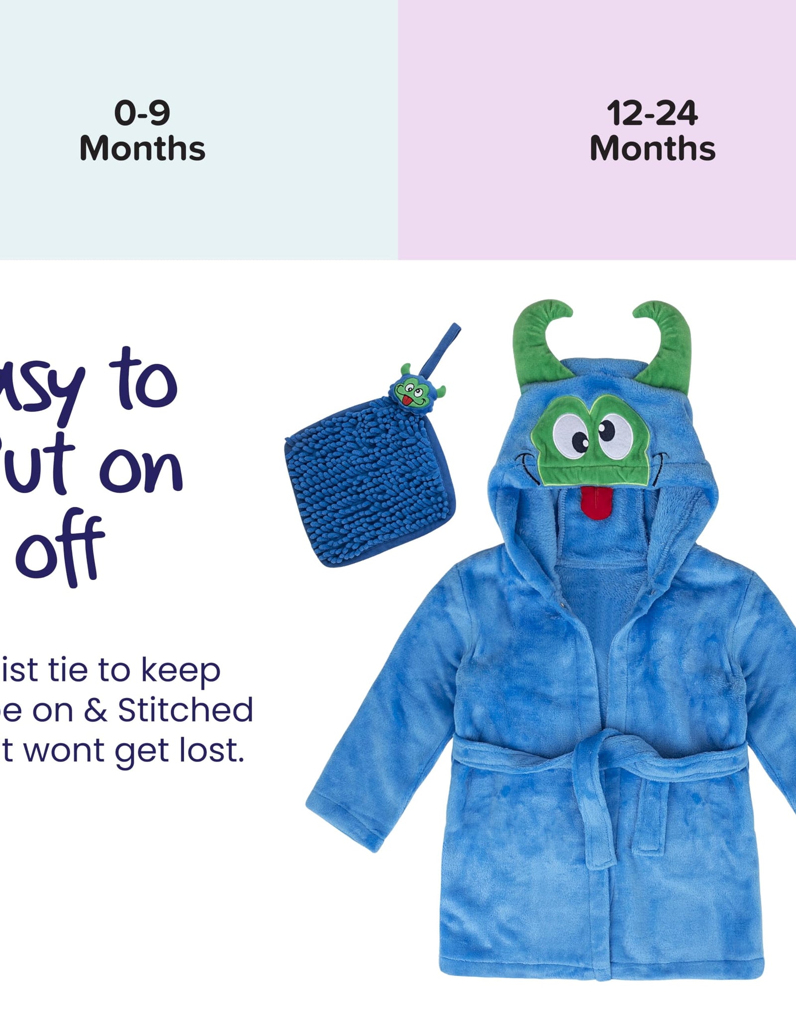 Baby Boy Robe - Soft Plush Bath Towel Robe Spa Set - Baby Bathrobe Towel & Baby Washcloth for Boys - Baby Robe Set 12 - 24 Months (Monster)