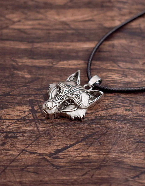 Load image into Gallery viewer, Wolf Necklace for Men and Women, Viking Wolf Head Pendant, Faux Leather Cord, Wolf Jewelry Gift
