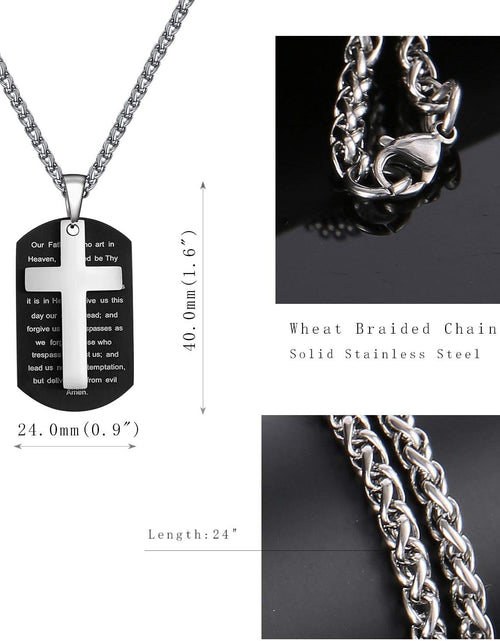 Load image into Gallery viewer, Stainless Steel Dog Tag Cross Necklace for Men Boys Lord’S Prayer/Bible Verse Pendant with Wheat Chain 24 Inches
