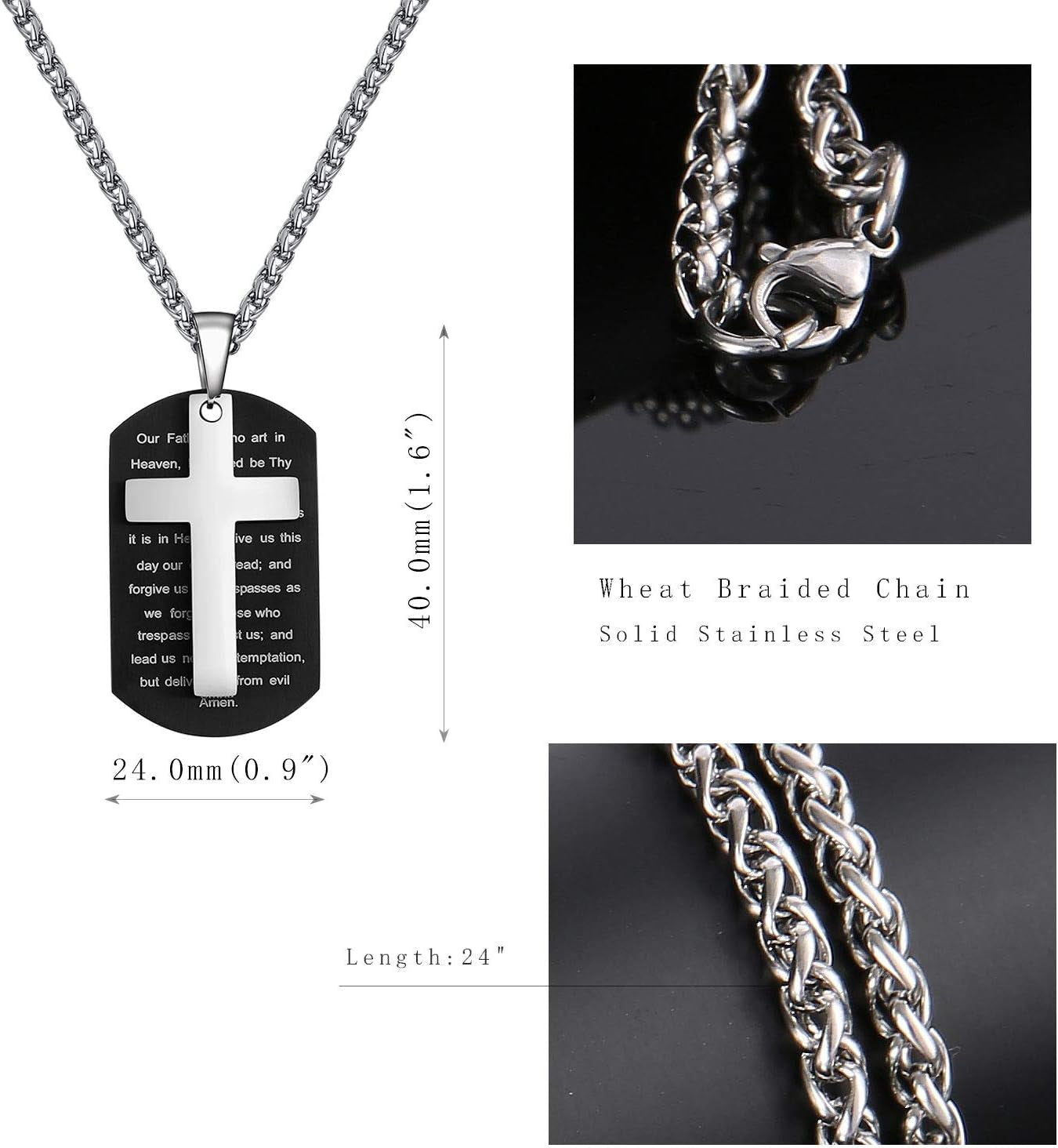 Stainless Steel Dog Tag Cross Necklace for Men Boys Lord’S Prayer/Bible Verse Pendant with Wheat Chain 24 Inches
