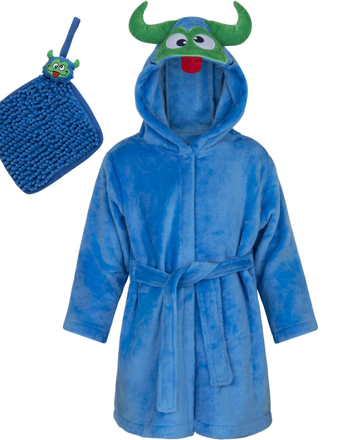 Load image into Gallery viewer, Baby Boy Robe - Soft Plush Bath Towel Robe Spa Set - Baby Bathrobe Towel &amp; Baby Washcloth for Boys - Baby Robe Set 12 - 24 Months (Monster)
