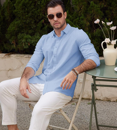 Mens Long Sleeve Casual Cotton Linen Shirts Buttons down Summer Solid Plain Beach Yoga T Shirts
