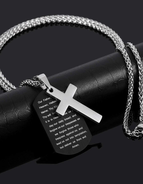 Load image into Gallery viewer, Stainless Steel Dog Tag Cross Necklace for Men Boys Lord’S Prayer/Bible Verse Pendant with Wheat Chain 24 Inches
