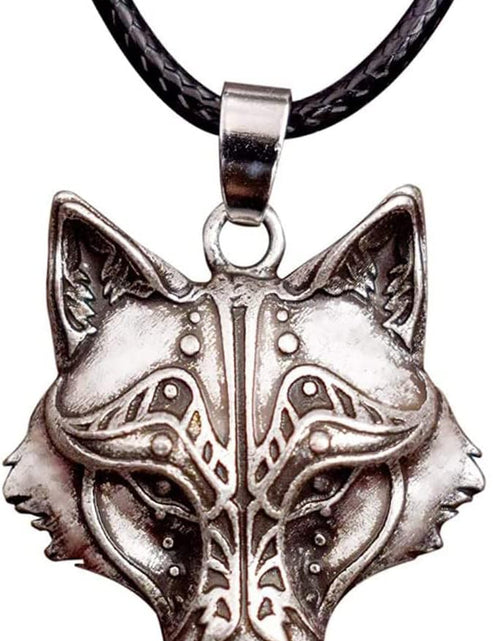 Load image into Gallery viewer, Wolf Necklace for Men and Women, Viking Wolf Head Pendant, Faux Leather Cord, Wolf Jewelry Gift
