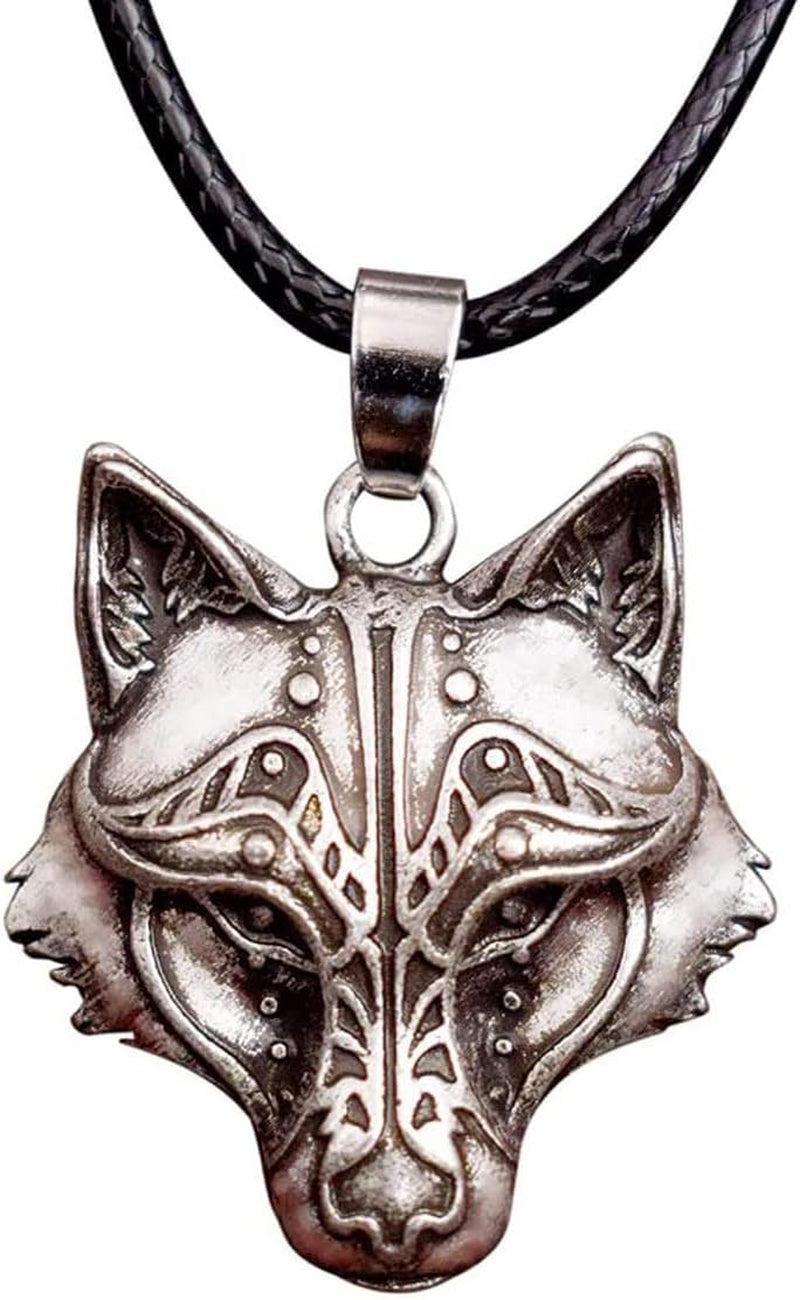 Wolf Necklace for Men and Women, Viking Wolf Head Pendant, Faux Leather Cord, Wolf Jewelry Gift