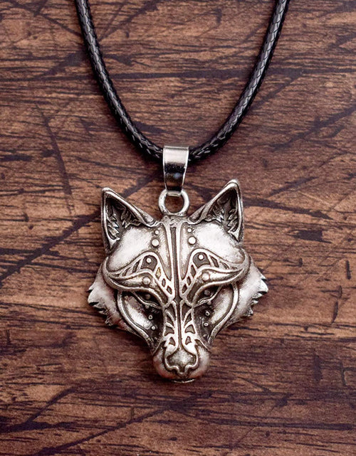 Load image into Gallery viewer, Wolf Necklace for Men and Women, Viking Wolf Head Pendant, Faux Leather Cord, Wolf Jewelry Gift
