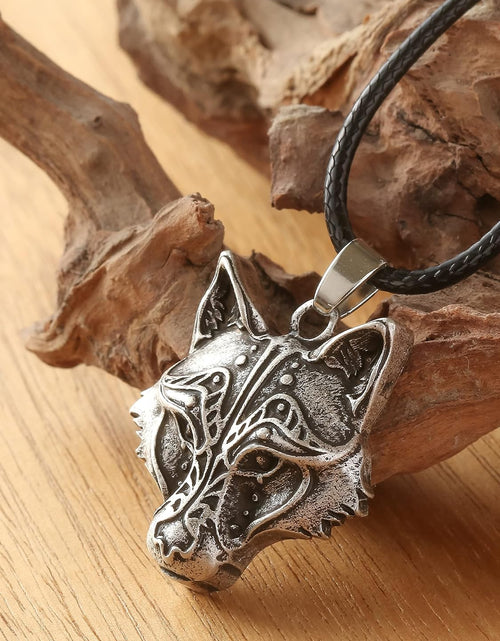 Load image into Gallery viewer, Wolf Necklace for Men and Women, Viking Wolf Head Pendant, Faux Leather Cord, Wolf Jewelry Gift
