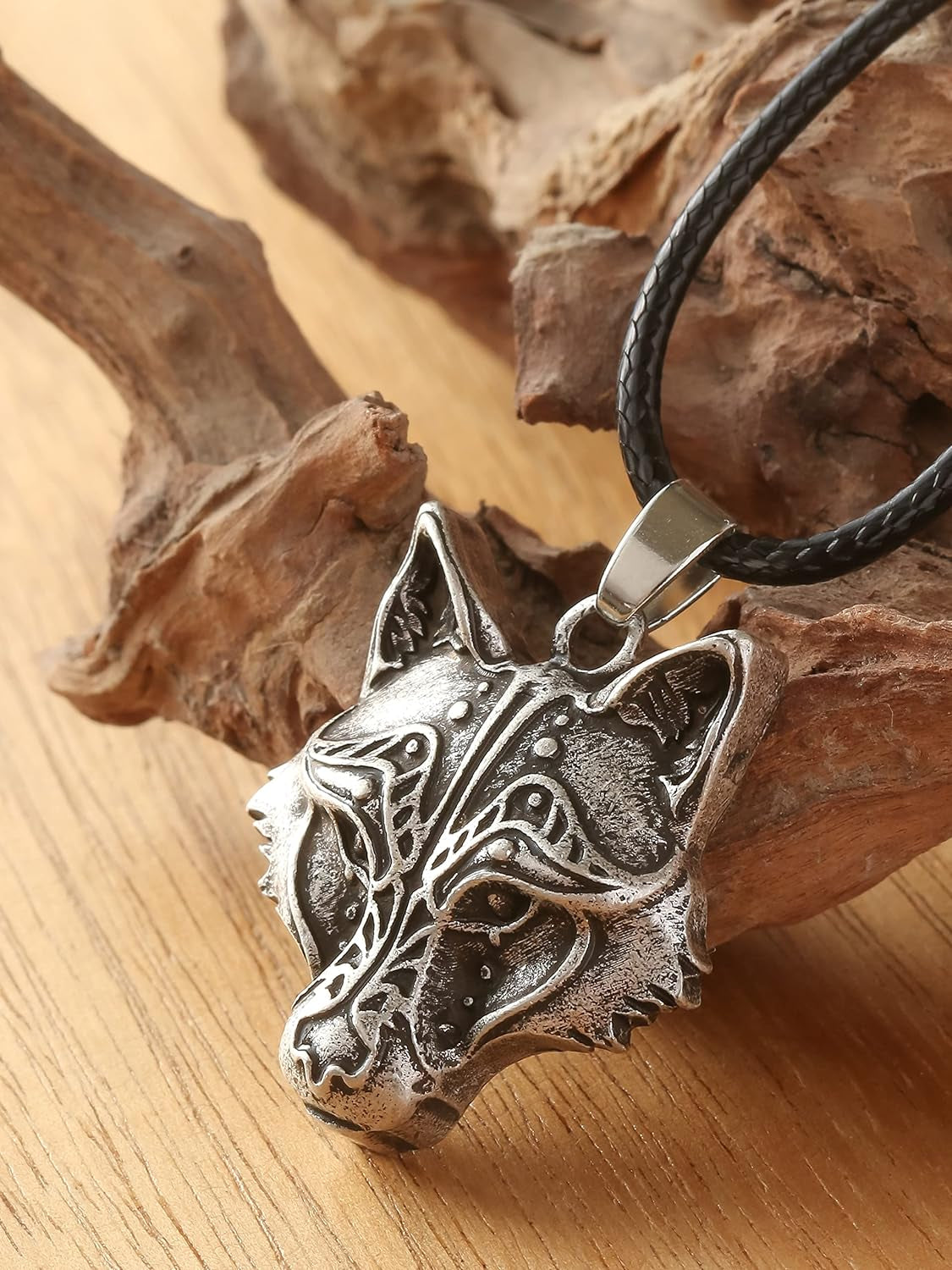 Wolf Necklace for Men and Women, Viking Wolf Head Pendant, Faux Leather Cord, Wolf Jewelry Gift